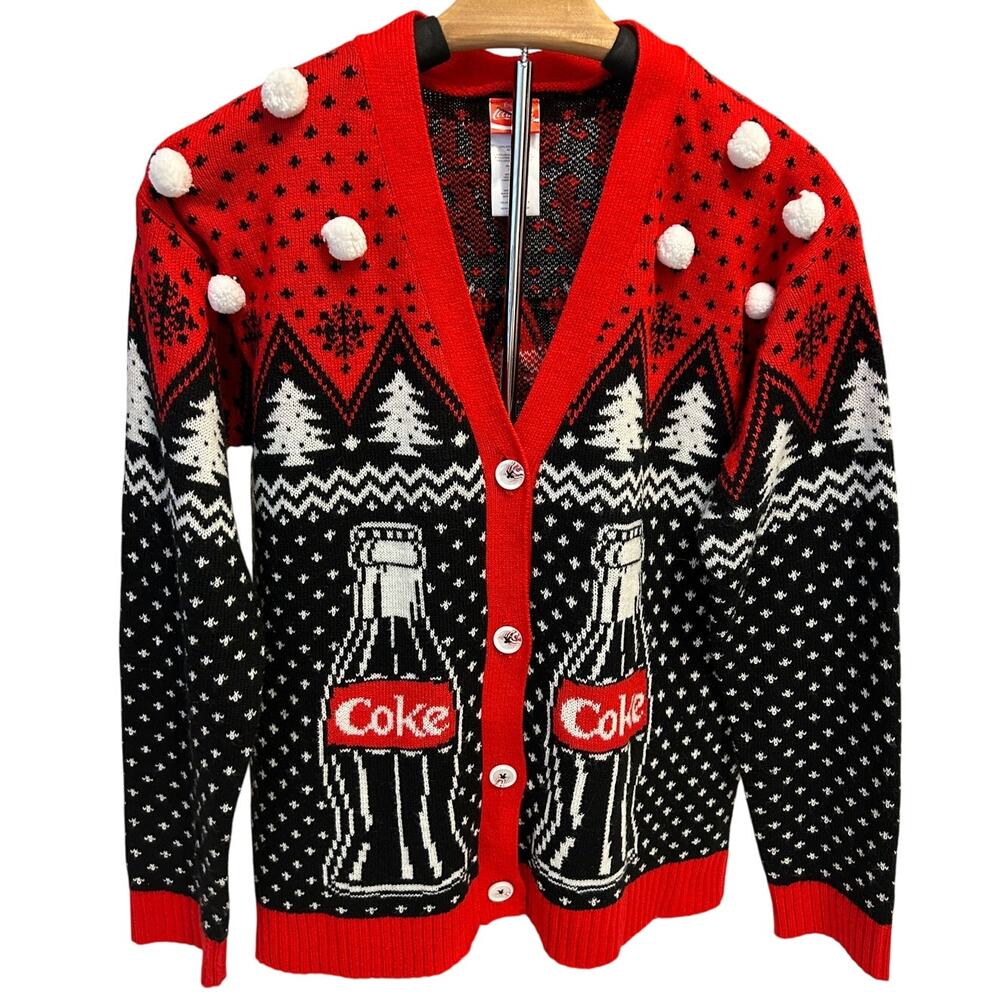 Coca cola Ugly Christmas Sweater black & red knit white pom pom accents